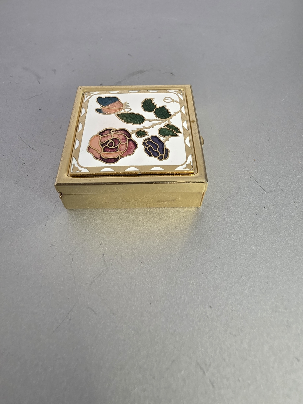 Vintage Gold-Tone Floral Enamel Compact Mirror Pill/Trinket Case